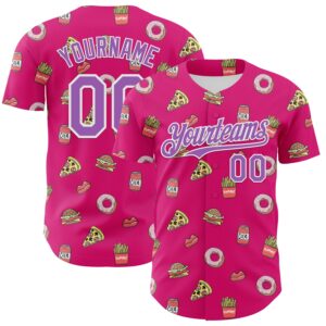 Custom Hot Pink Medium Purple-White 3D Pattern Design Foodie Fast Food Pizza Donut Cola Authentic Baseball Jersey