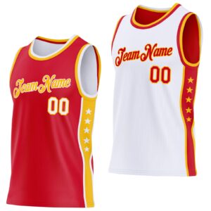 Custom Reversible Red White-Gold Double Side Star Sublimation Basketball Suit Jersey